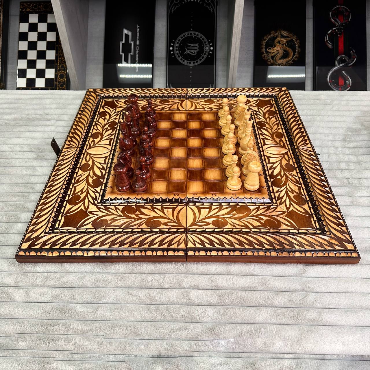 Exclusive Handmade Wooden Chess Set 3-in-1, 70*35cm, Art.191001. Customized and Gift-ready