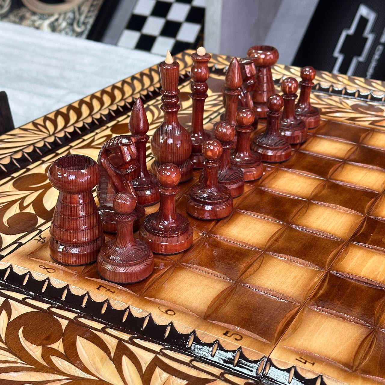 Exclusive Handmade Wooden Chess Set 3-in-1, 70*35cm, Art.191001. Customized and Gift-ready