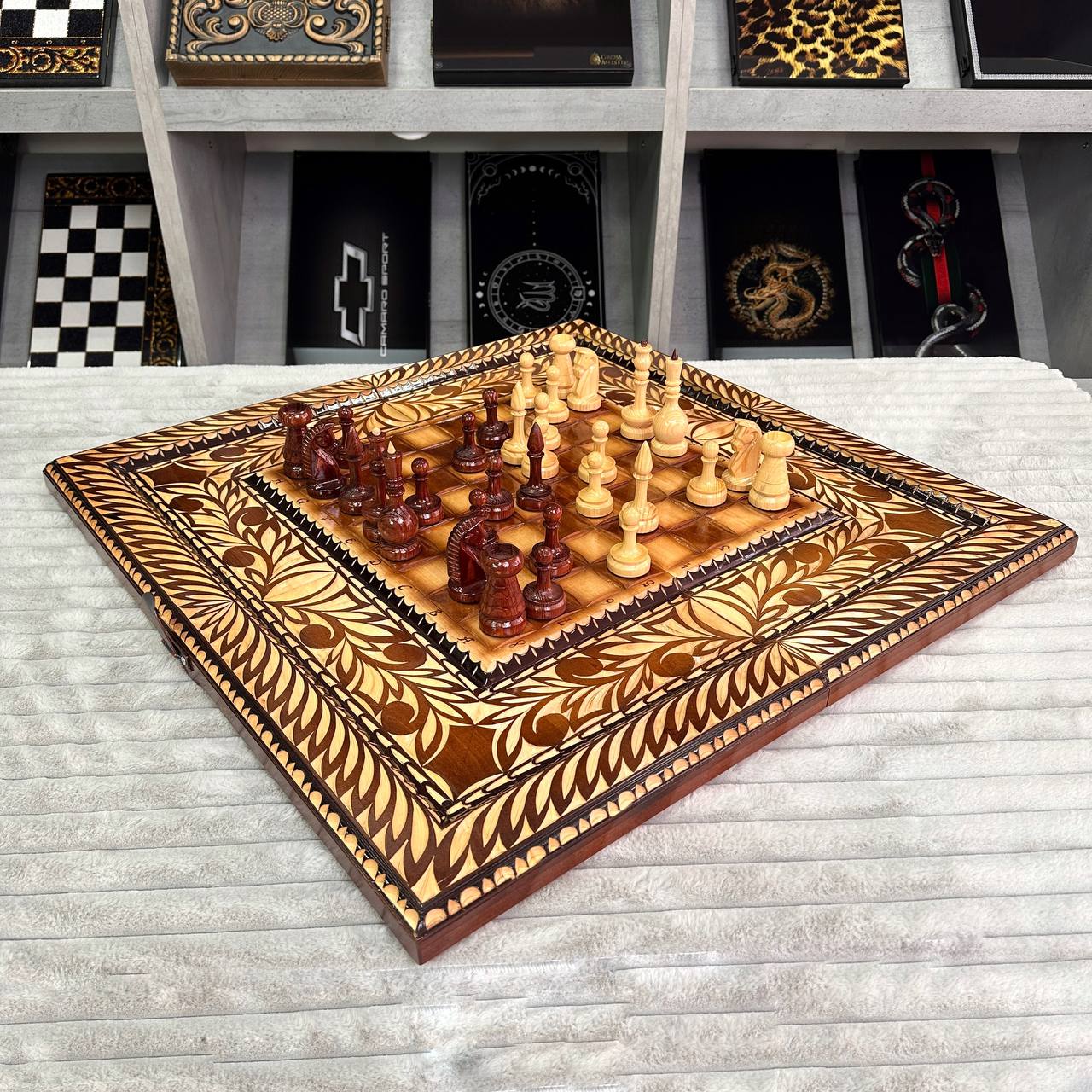 Exclusive Handmade Wooden Chess Set 3-in-1, 70*35cm, Art.191001. Customized and Gift-ready