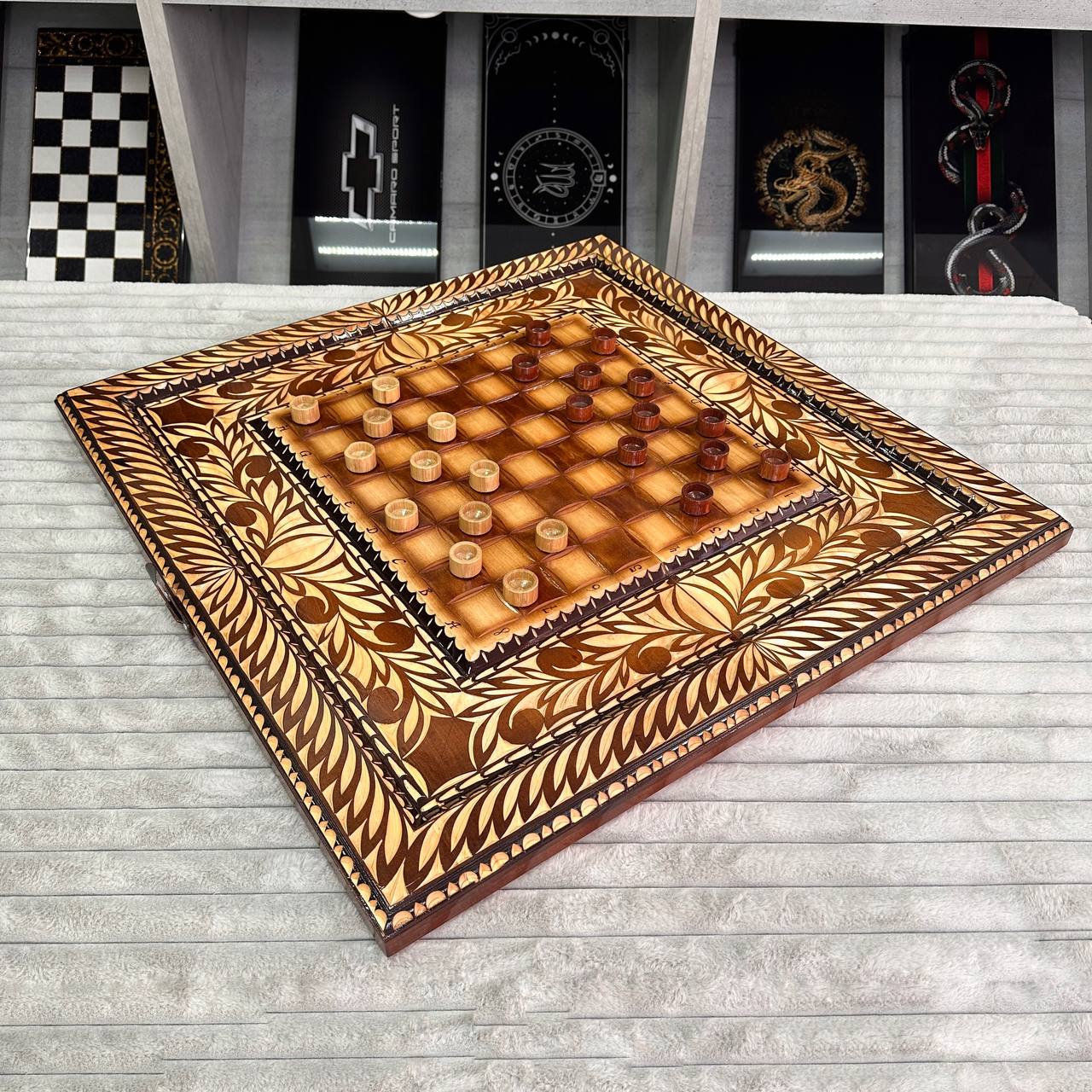 Exclusive Handmade Wooden Chess Set 3-in-1, 70*35cm, Art.191001. Customized and Gift-ready