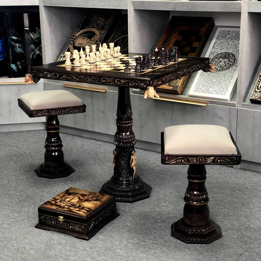 Jeu d'échecs en bois exclusif fait à la main, table d'échecs, jeu d'échecs de luxe, jeu d'échecs royal, édition limitée