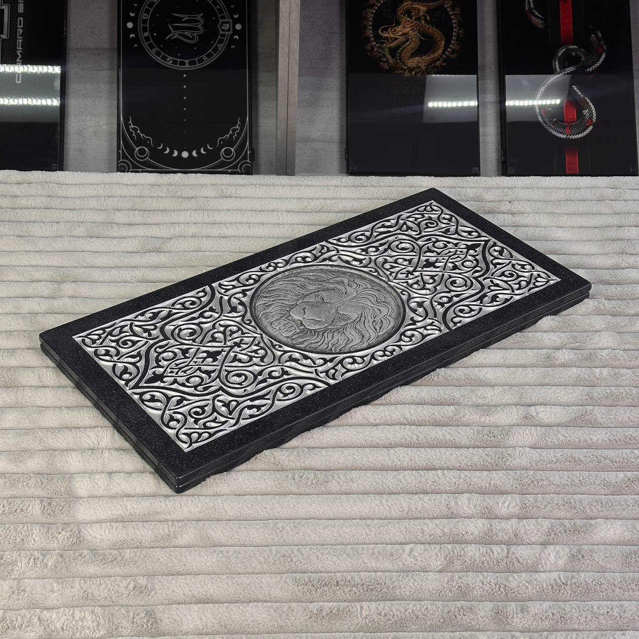 Luxury black acrylic stone backgammon "Silver Lion" 58×28cm, Light version, stone board Gift-ready