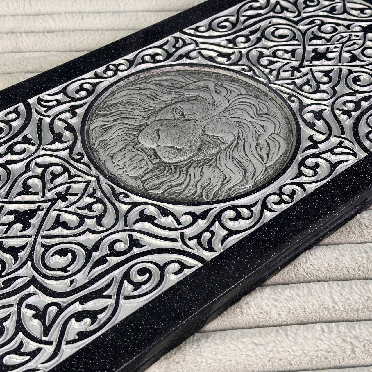 Luxury black acrylic stone backgammon "Silver Lion" 58×28cm, Light version, stone board Gift-ready