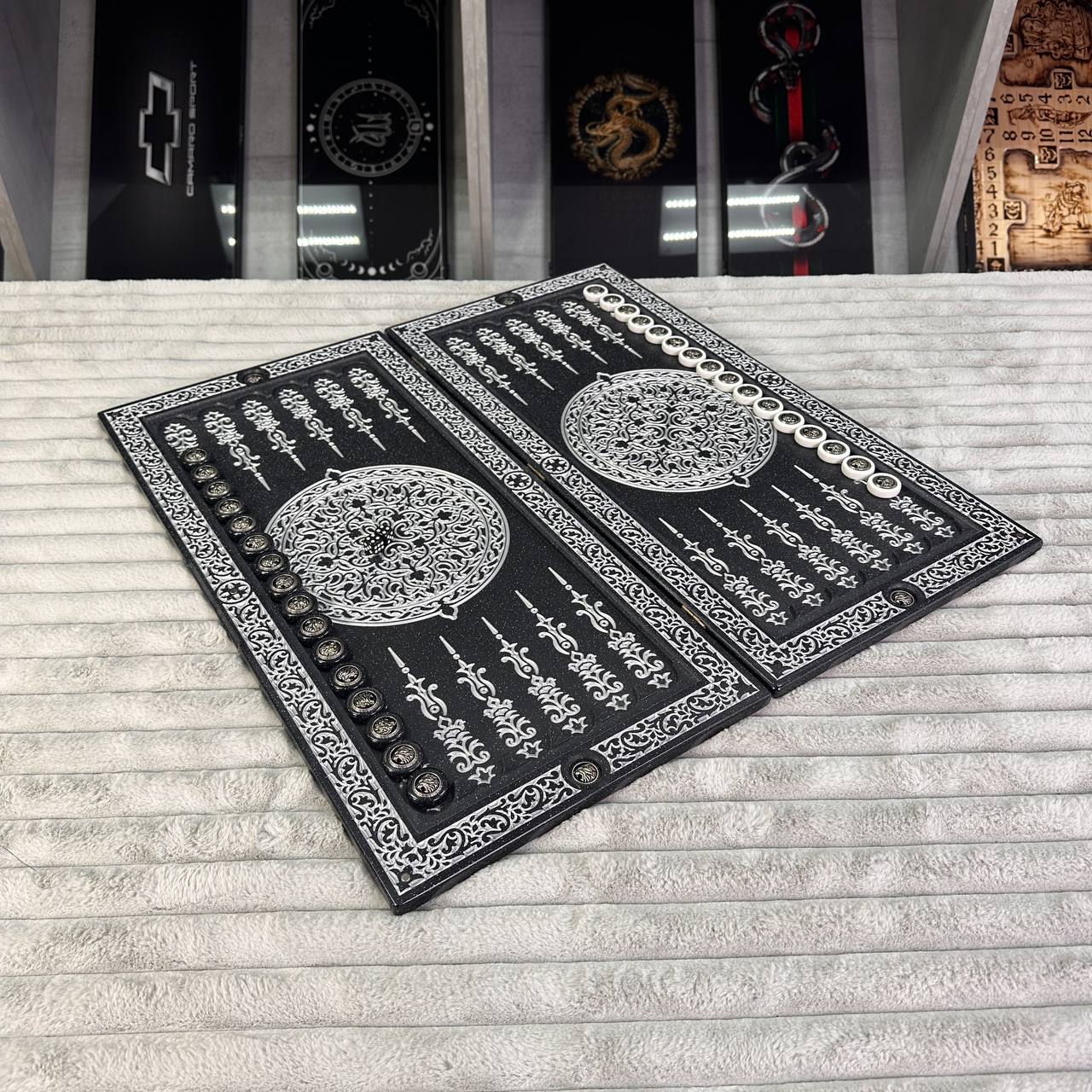 Luxury black acrylic stone backgammon "Silver Lion" 58×28cm, Light version, stone board Gift-ready