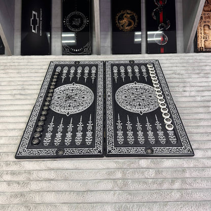 Luxury black acrylic stone backgammon "Silver Lion" 58×28cm, Light version, stone board Gift-ready