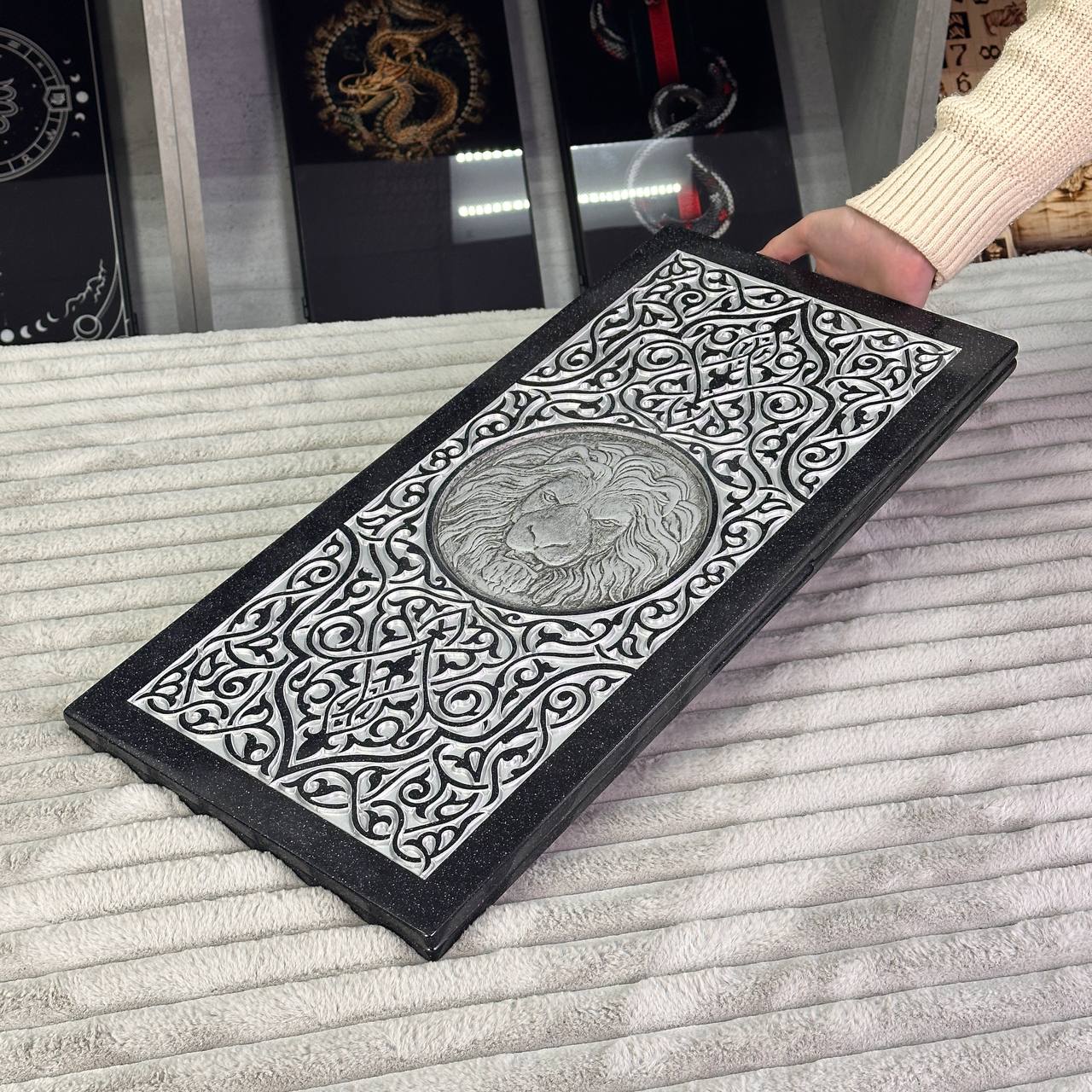 Luxury black acrylic stone backgammon "Silver Lion" 58×28cm, Light version, stone board Gift-ready