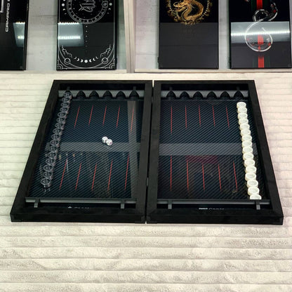 Luxurious Handmade Metal and Carbon Backgammon Set 60*30cm, Gift-ready VIP, red lines