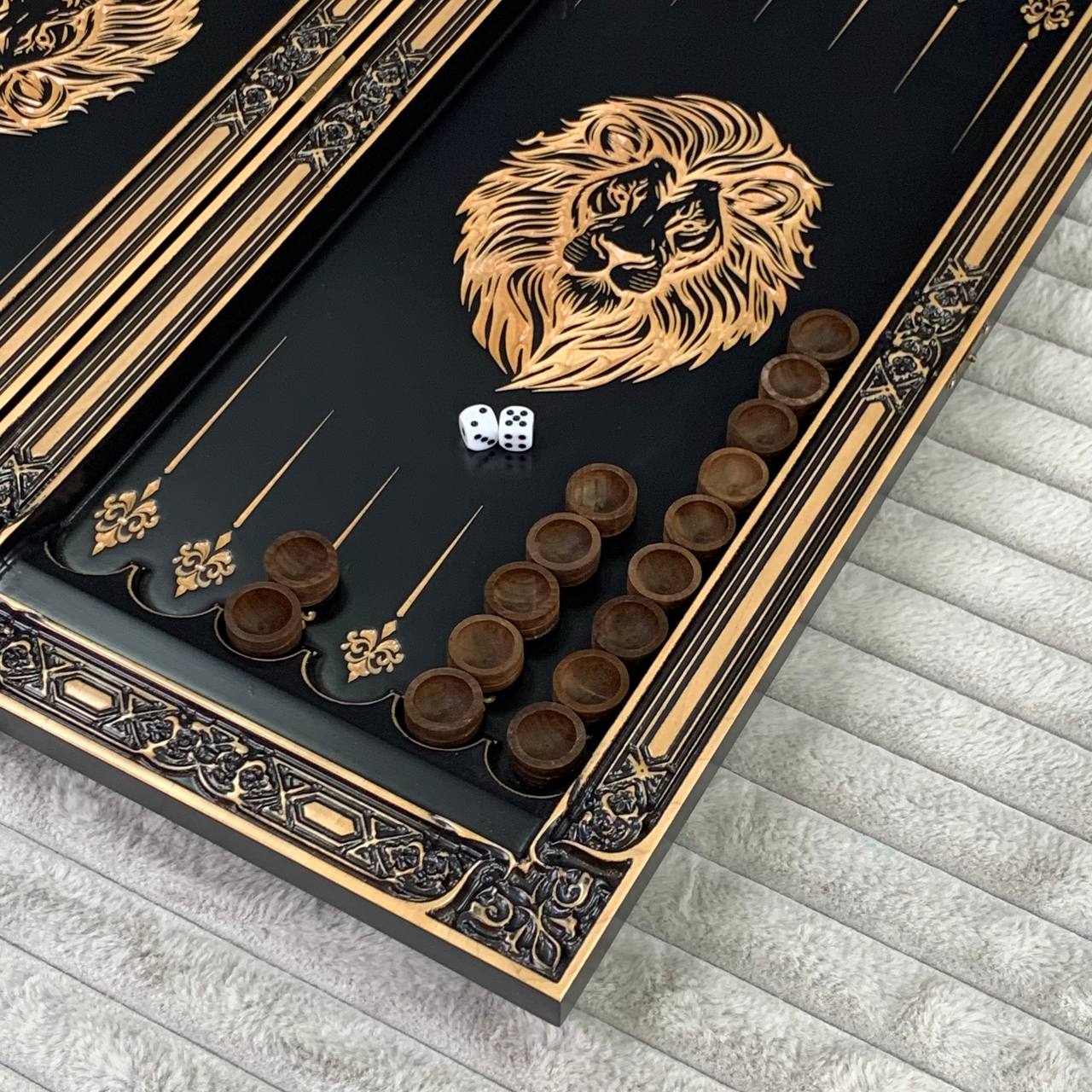 Wooden Backgammon "Lion" Set - 60*28mm, Luxury Ash Wood, Carved Design, Gift-Ready