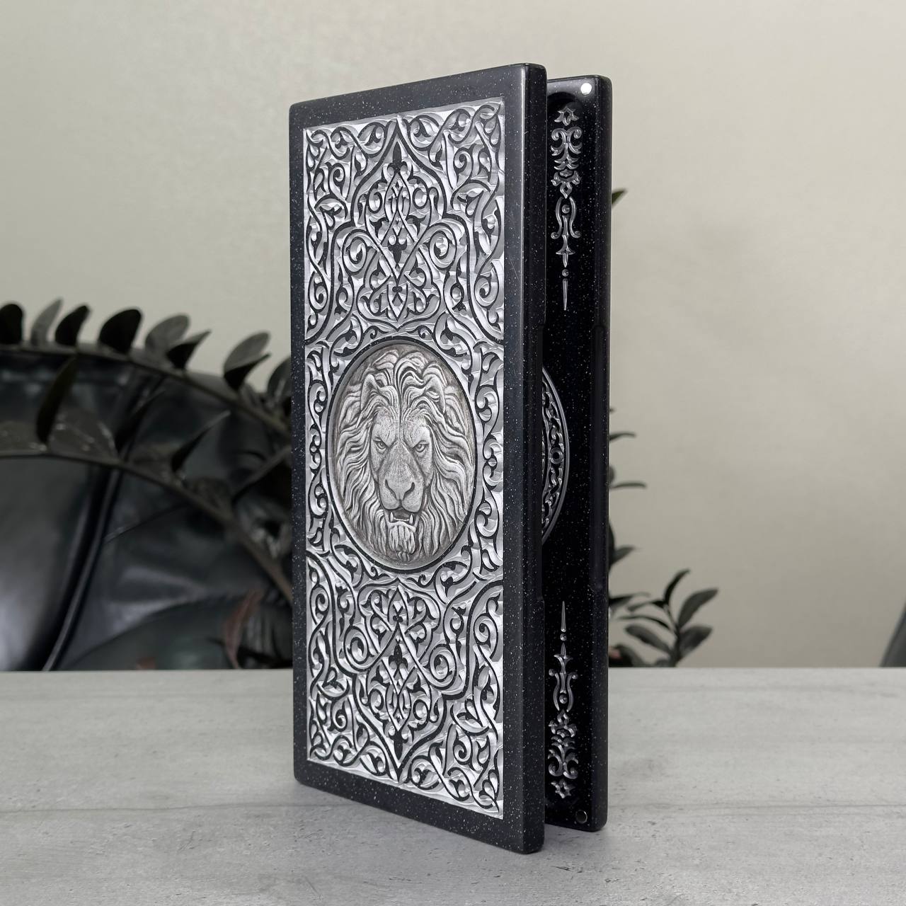 Luxury black acrylic stone backgammon MINI "Silver Lion" 30*15cm Travel size, Light version, stone board Gift-ready