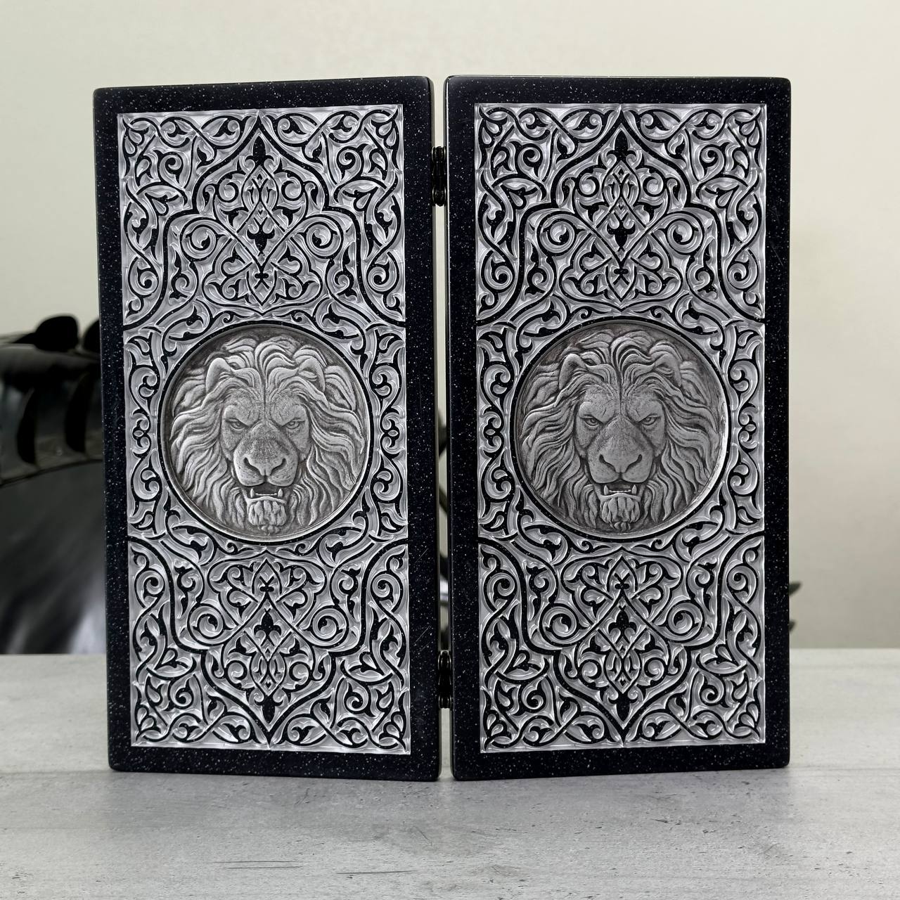 Luxury black acrylic stone backgammon MINI "Silver Lion" 30*15cm Travel size, Light version, stone board Gift-ready