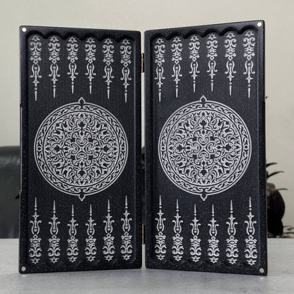 Luxury black acrylic stone backgammon MINI "Silver Lion" 30*15cm Travel size, Light version, stone board Gift-ready