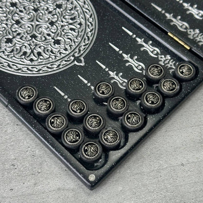 Luxury black acrylic stone backgammon MINI "Silver Lion" 30*15cm Travel size, Light version, stone board Gift-ready