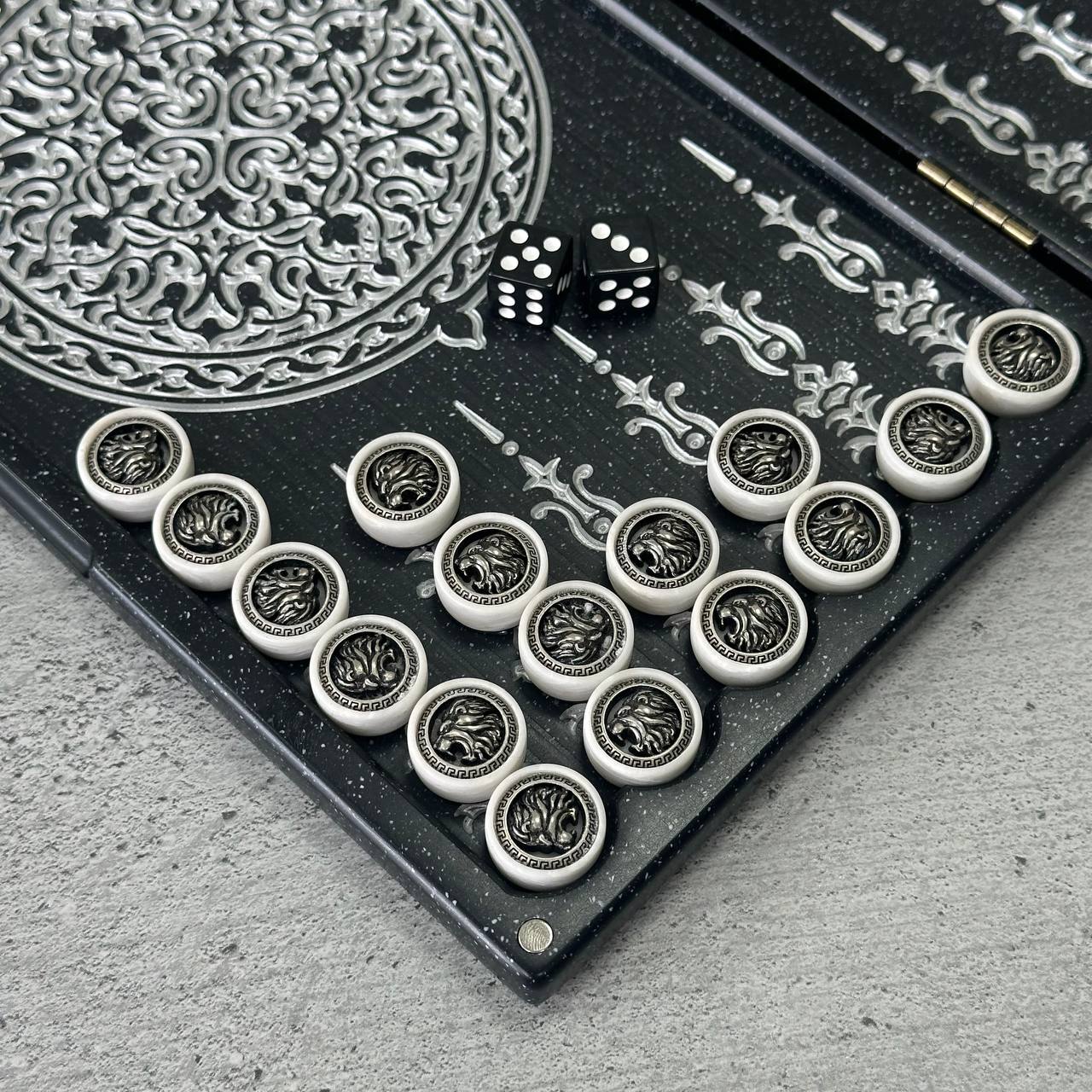 Luxury black acrylic stone backgammon MINI "Silver Lion" 30*15cm Travel size, Light version, stone board Gift-ready