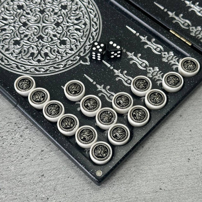 Luxury black acrylic stone backgammon MINI "Silver Lion" 30*15cm Travel size, Light version, stone board Gift-ready