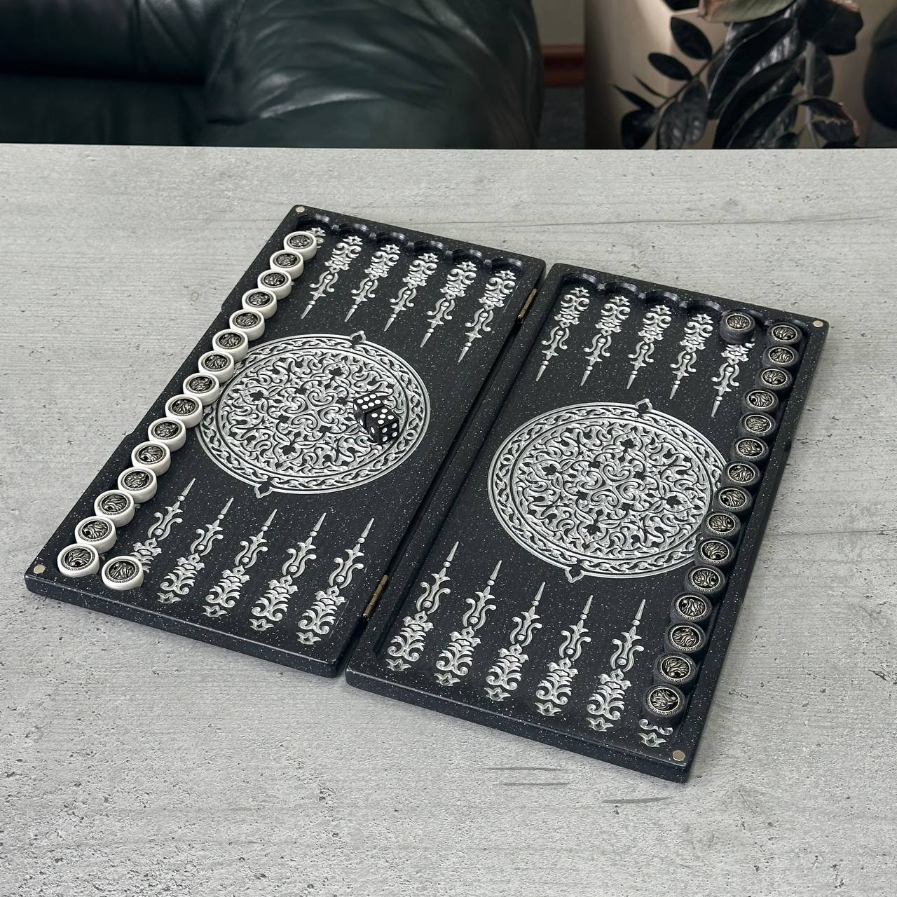 Luxury black acrylic stone backgammon MINI "Silver Lion" 30*15cm Travel size, Light version, stone board Gift-ready
