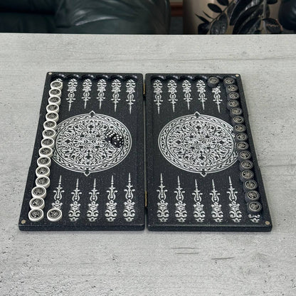 Luxury black acrylic stone backgammon MINI "Silver Lion" 30*15cm Travel size, Light version, stone board Gift-ready