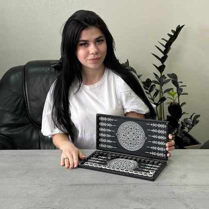 Luxury black acrylic stone backgammon MINI "Silver Lion" 30*15cm Travel size, Light version, stone board Gift-ready