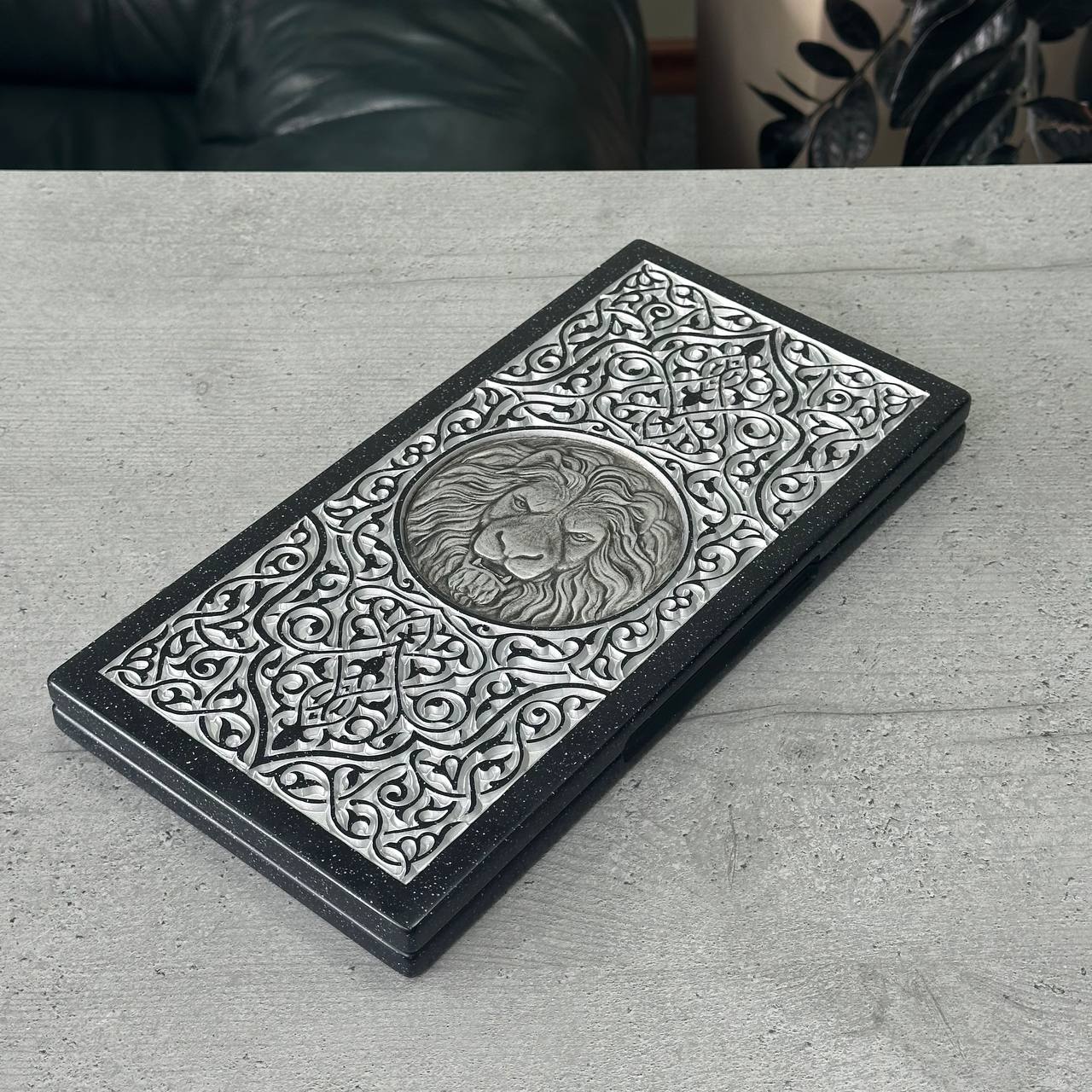 Luxury black acrylic stone backgammon MINI "Silver Lion" 30*15cm Travel size, Light version, stone board Gift-ready