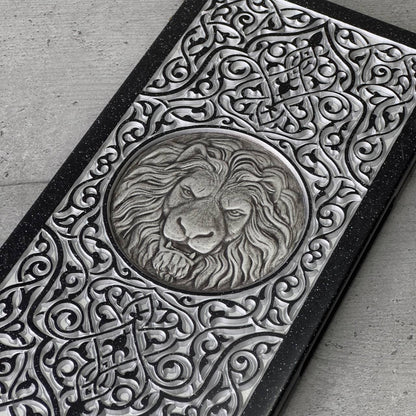 Luxury black acrylic stone backgammon MINI "Silver Lion" 30*15cm Travel size, Light version, stone board Gift-ready