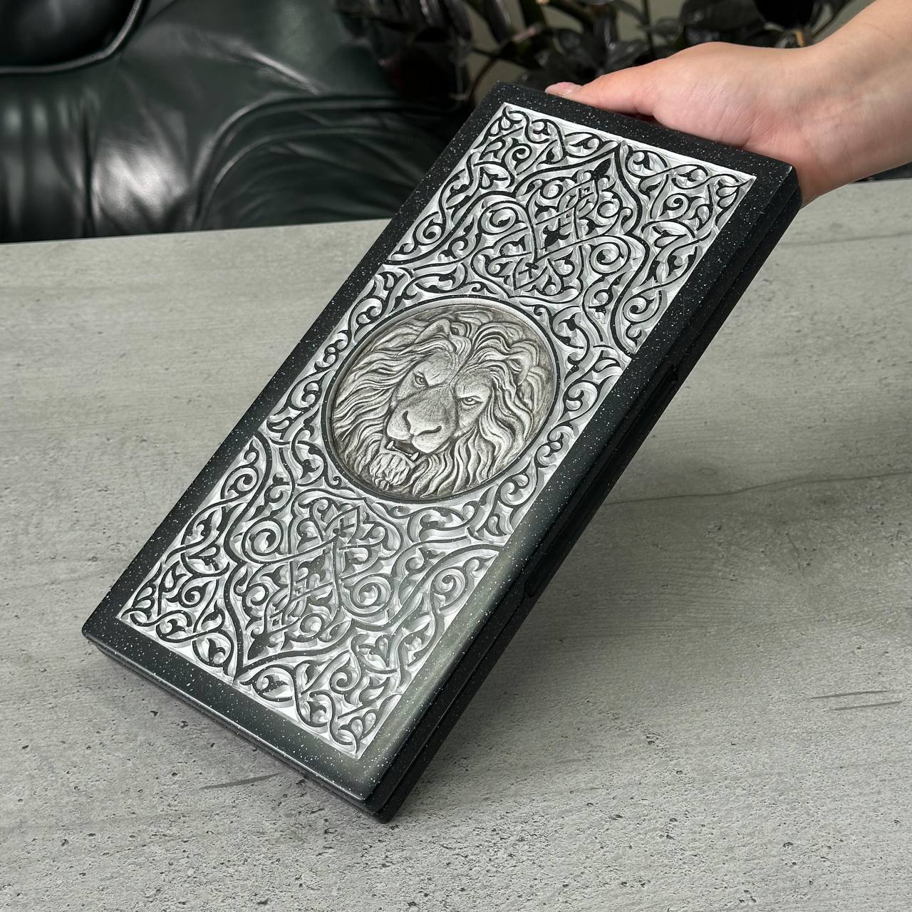 Luxury black acrylic stone backgammon MINI "Silver Lion" 30*15cm Travel size, Light version, stone board Gift-ready