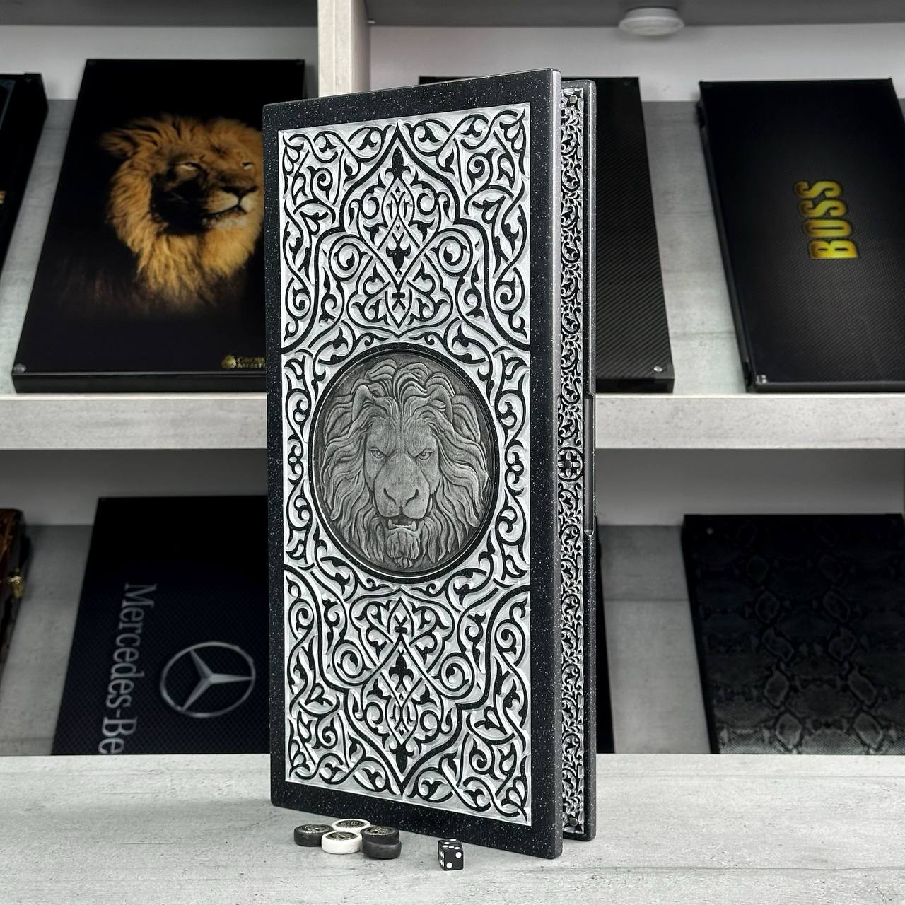 Luxury black acrylic stone backgammon "Silver Lion" 47×23cm, stone board Gift-ready | Free worldwide delivery