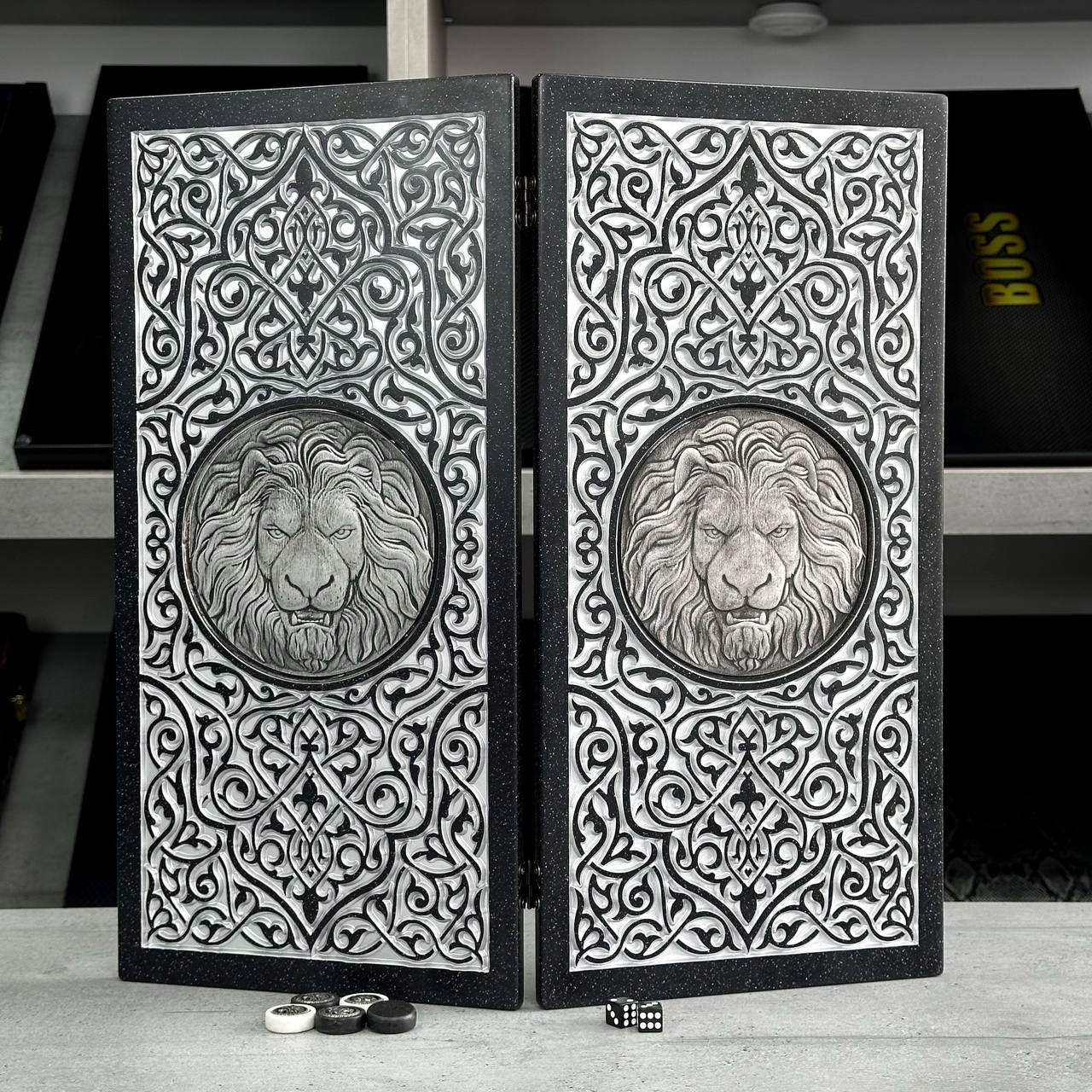 Luxury black acrylic stone backgammon "Silver Lion" 47×23cm, stone board Gift-ready | Free worldwide delivery