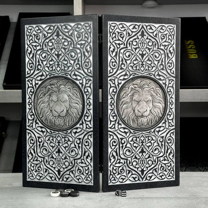 Luxury black acrylic stone backgammon "Silver Lion" 47×23cm, stone board Gift-ready | Free worldwide delivery