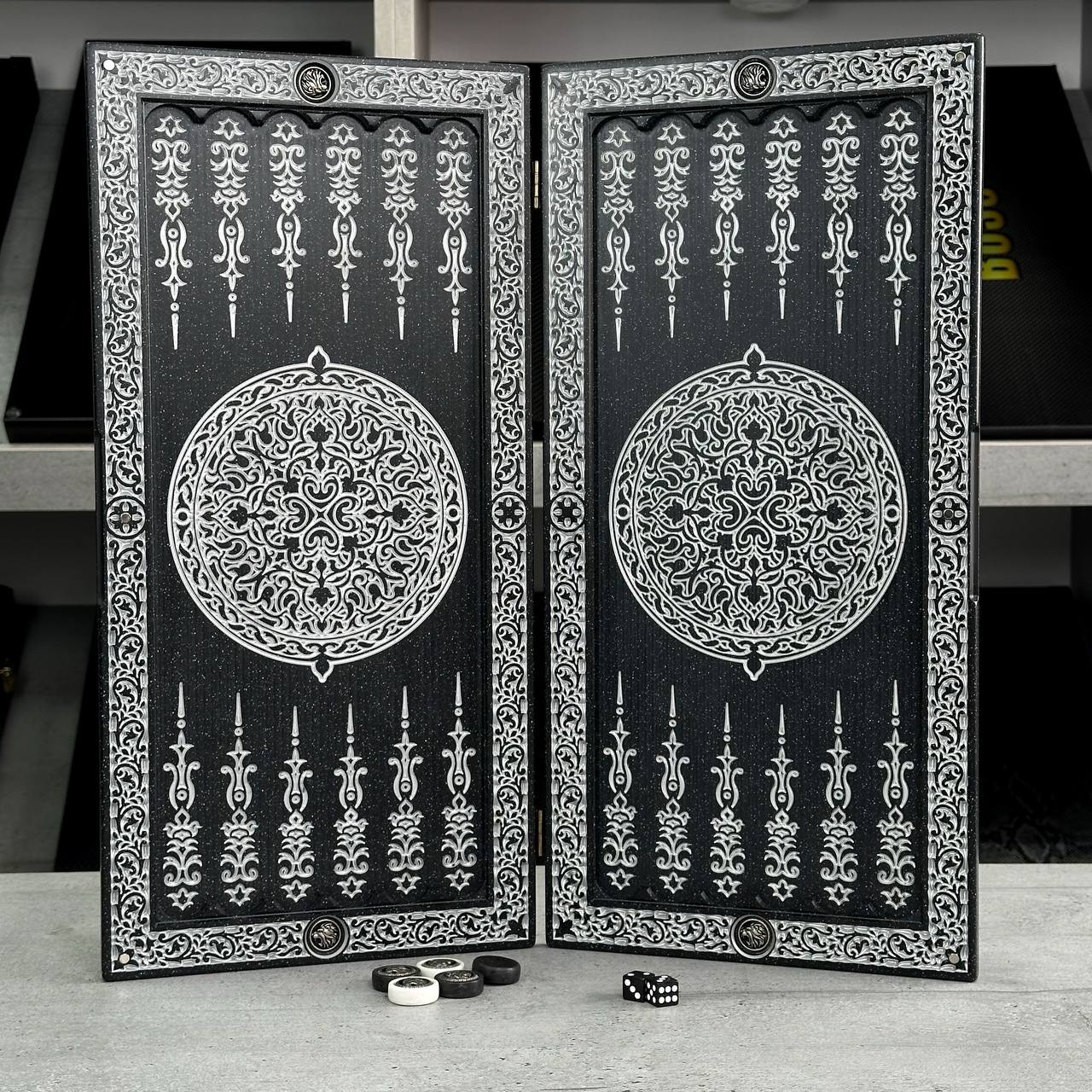 Luxury black acrylic stone backgammon "Silver Lion" 47×23cm, stone board Gift-ready | Free worldwide delivery