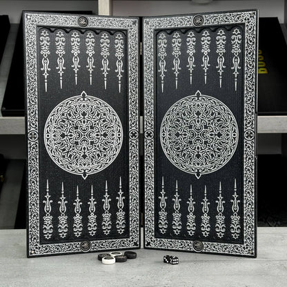 Luxury black acrylic stone backgammon "Silver Lion" 47×23cm, stone board Gift-ready | Free worldwide delivery