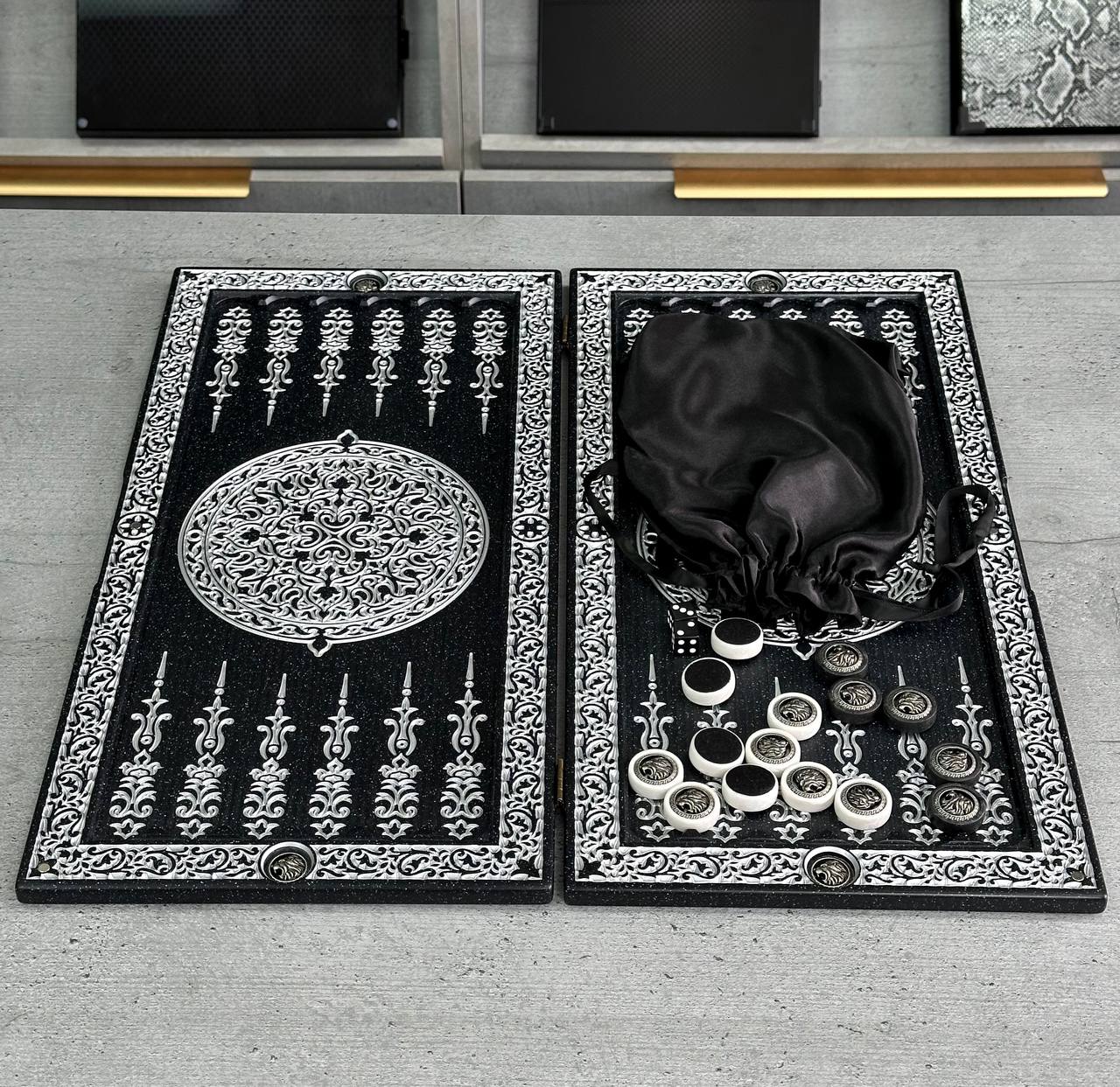 Luxury black acrylic stone backgammon "Silver Lion" 47×23cm, stone board Gift-ready | Free worldwide delivery