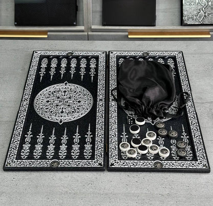 Luxury black acrylic stone backgammon "Silver Lion" 47×23cm, stone board Gift-ready | Free worldwide delivery