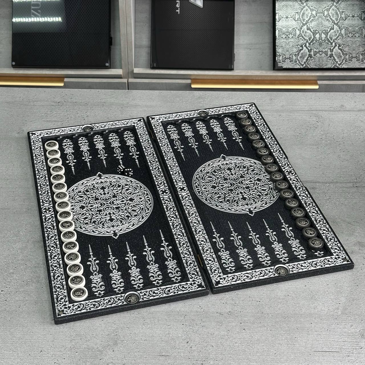 Luxury black acrylic stone backgammon "Silver Lion" 47×23cm, stone board Gift-ready | Free worldwide delivery