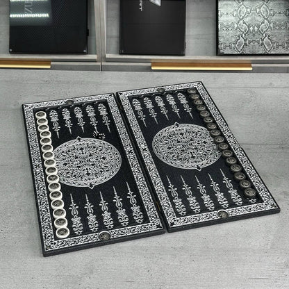 Luxury black acrylic stone backgammon "Silver Lion" 47×23cm, stone board Gift-ready | Free worldwide delivery