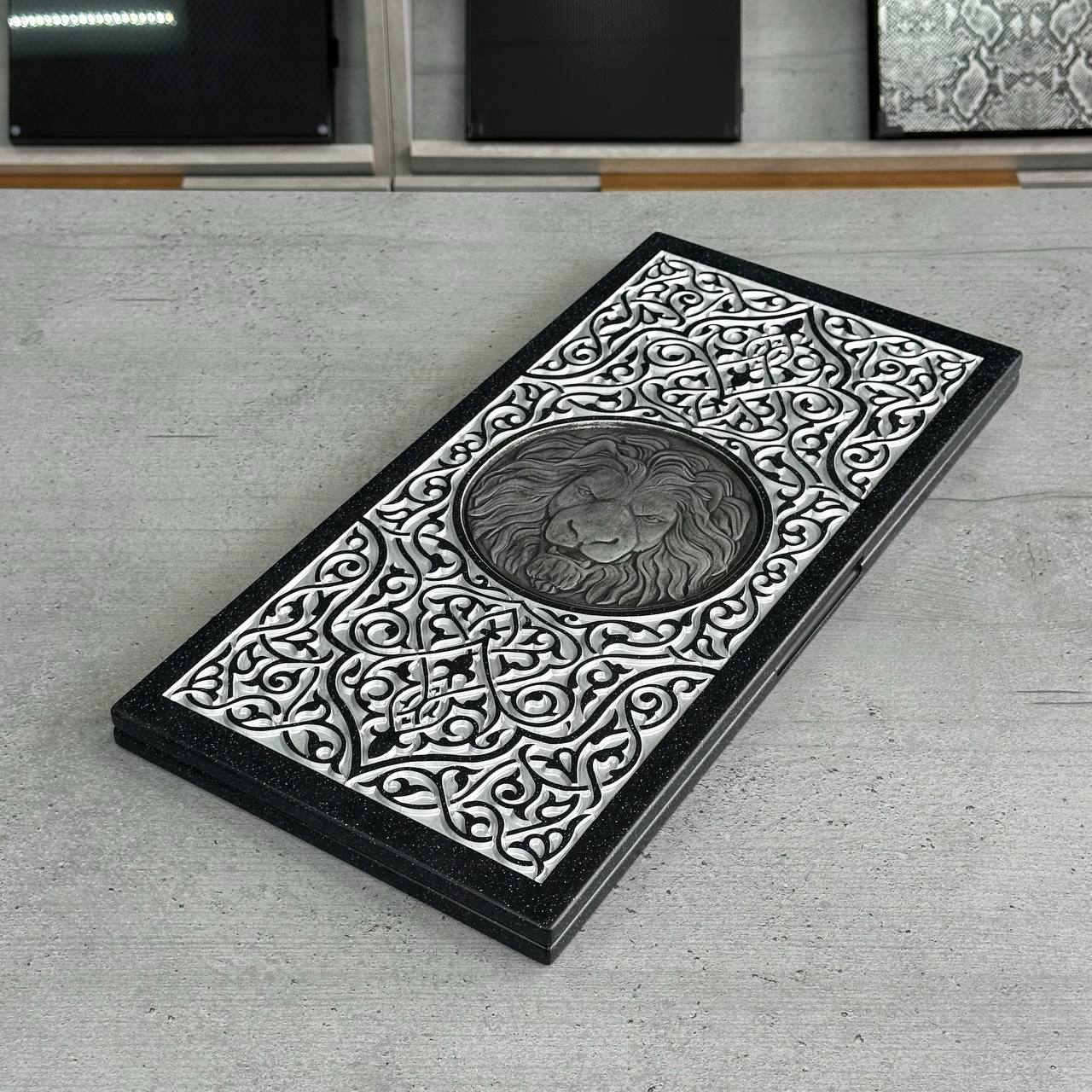 Luxury black acrylic stone backgammon "Silver Lion" 47×23cm, stone board Gift-ready | Free worldwide delivery