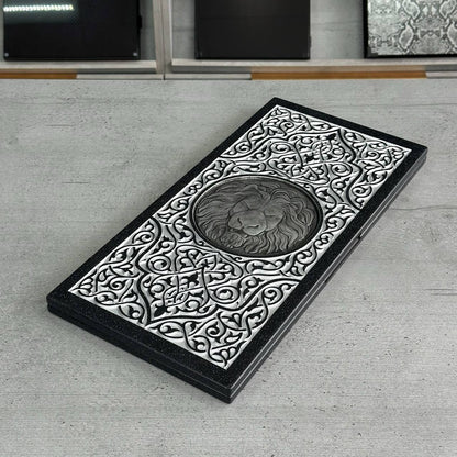 Luxury black acrylic stone backgammon "Silver Lion" 47×23cm, stone board Gift-ready | Free worldwide delivery