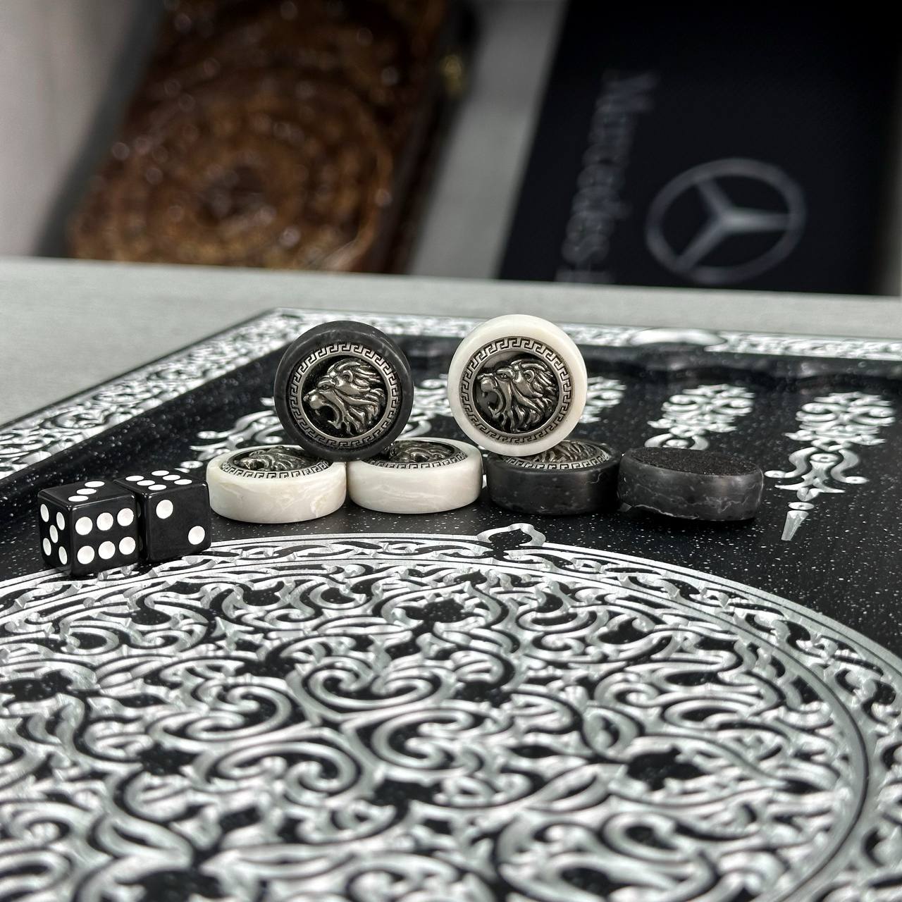 Luxury black acrylic stone backgammon "Silver Lion" 47×23cm, stone board Gift-ready | Free worldwide delivery