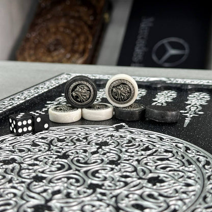 Luxury black acrylic stone backgammon "Silver Lion" 47×23cm, stone board Gift-ready | Free worldwide delivery