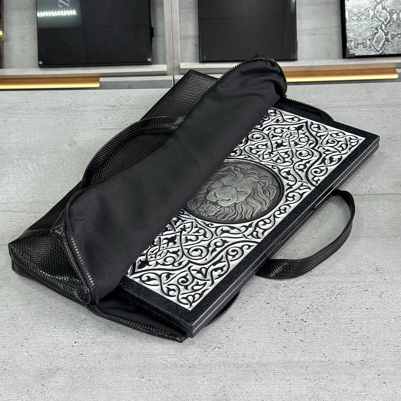 Luxury black acrylic stone backgammon "Silver Lion" 47×23cm, stone board Gift-ready | Free worldwide delivery