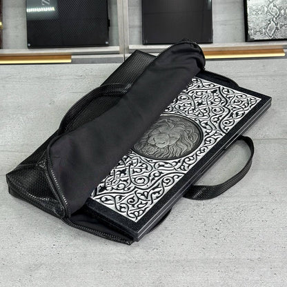 Luxury black acrylic stone backgammon "Silver Lion" 47×23cm, stone board Gift-ready | Free worldwide delivery