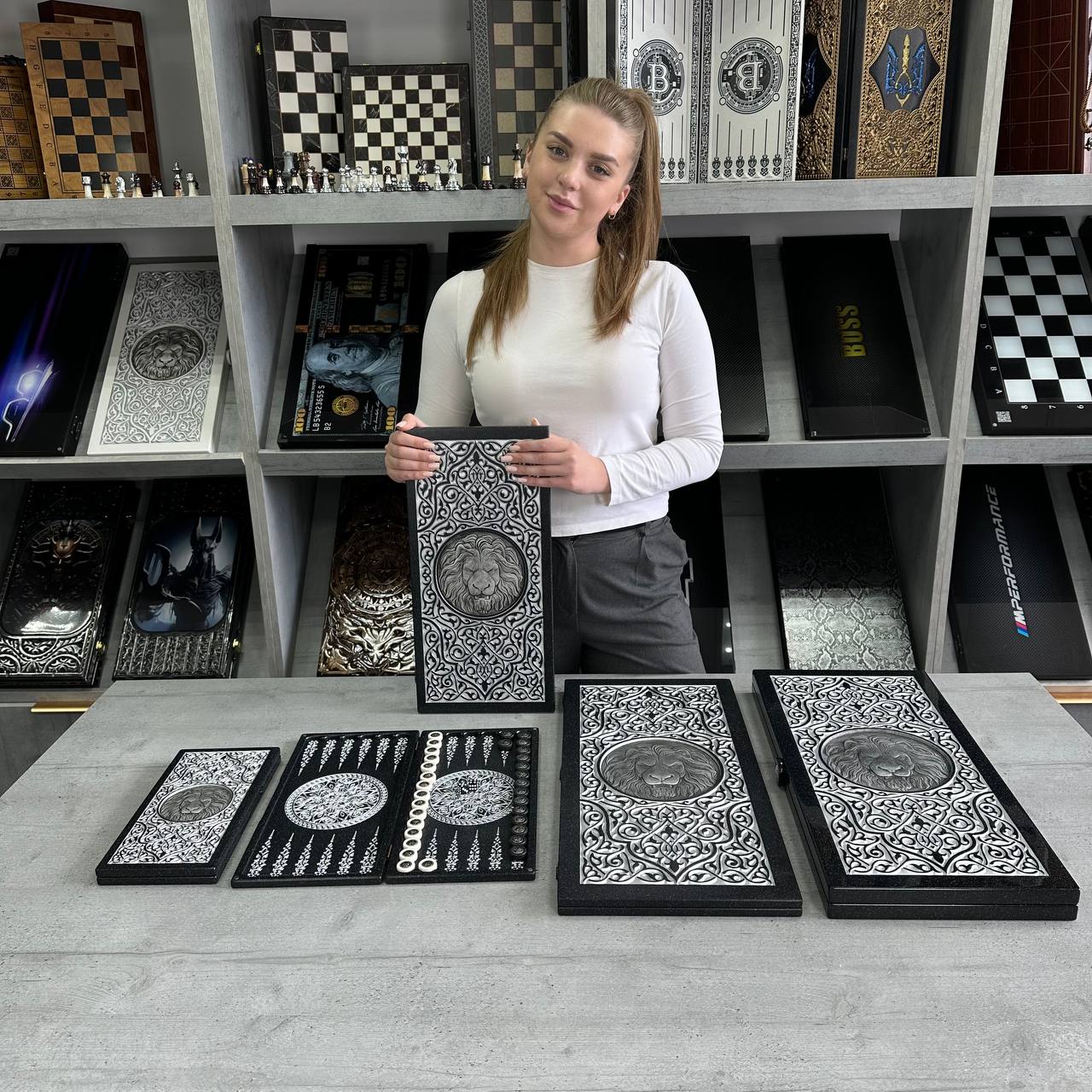 Luxury black acrylic stone backgammon "Silver Lion" 47×23cm, stone board Gift-ready | Free worldwide delivery