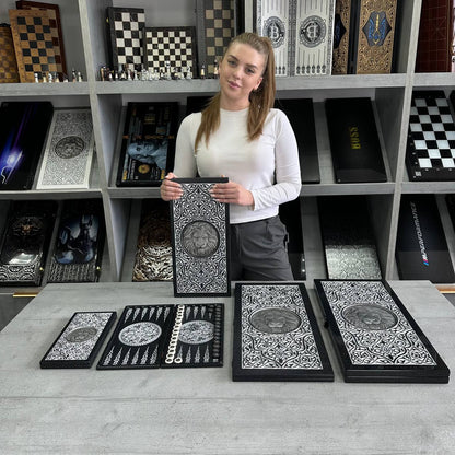 Luxury black acrylic stone backgammon "Silver Lion" 47×23cm, stone board Gift-ready | Free worldwide delivery