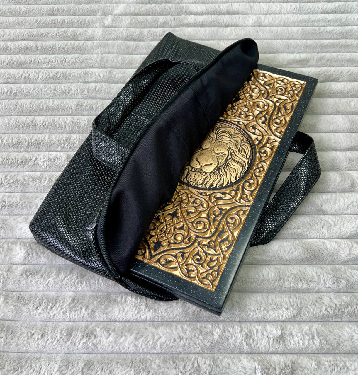 Luxury Black Acrylic Stone Backgammon "Golden Lion" Mini size 37*18,5cm, Travel size Gift-ready | Free worldwide delivery