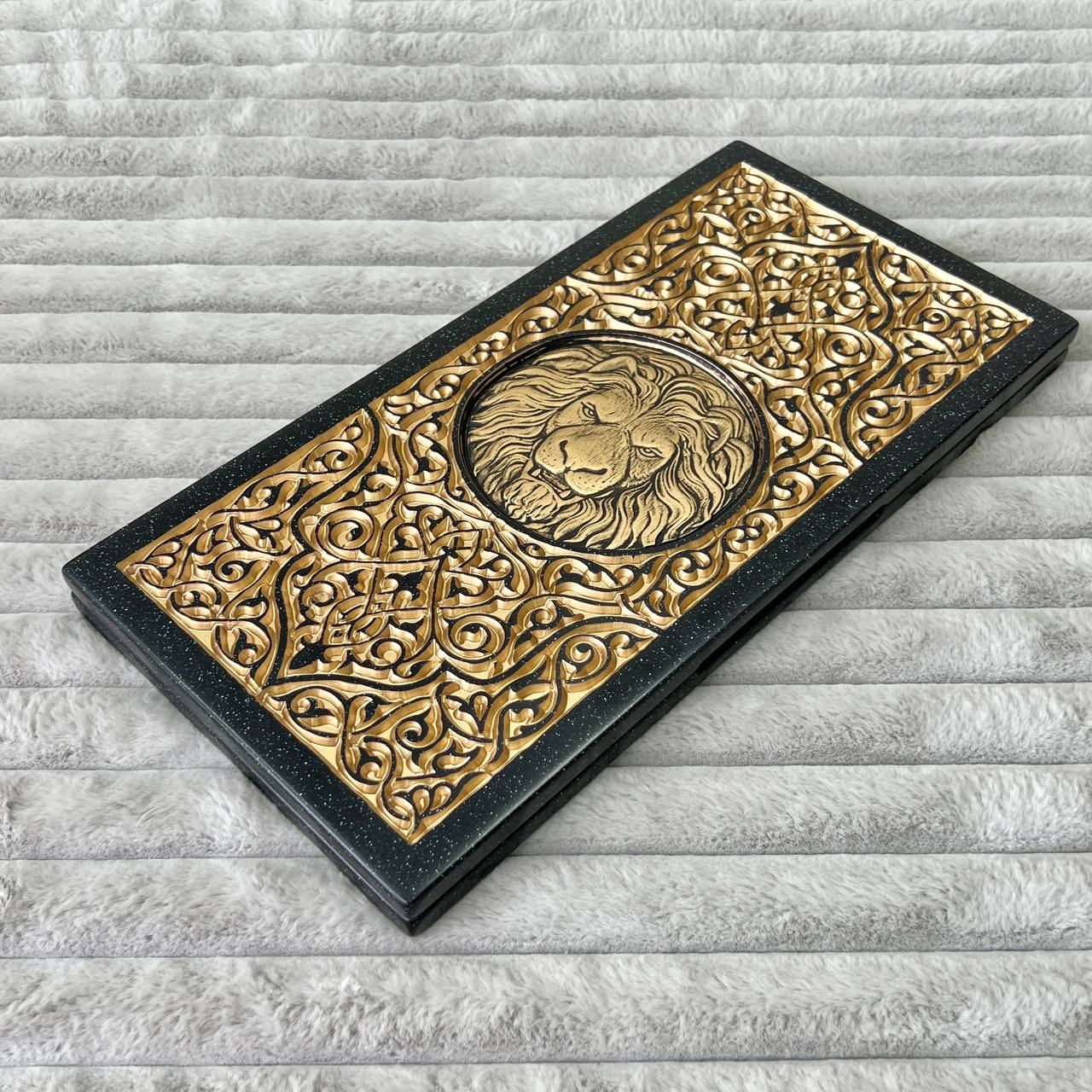 Luxury Black Acrylic Stone Backgammon "Golden Lion" Mini size 37*18,5cm, Travel size Gift-ready | Free worldwide delivery