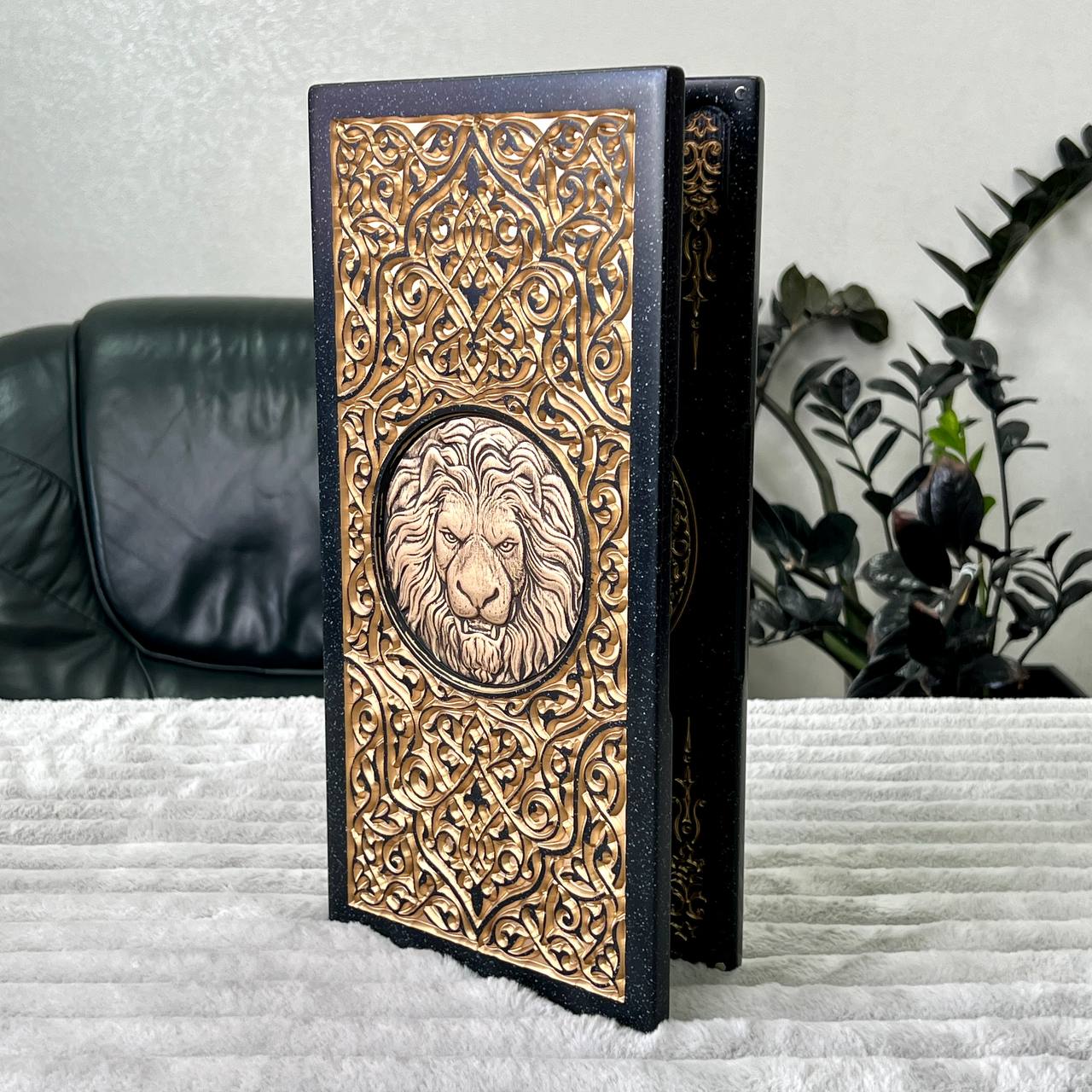 Luxury Black Acrylic Stone Backgammon "Golden Lion" Mini size 37*18,5cm, Travel size Gift-ready | Free worldwide delivery