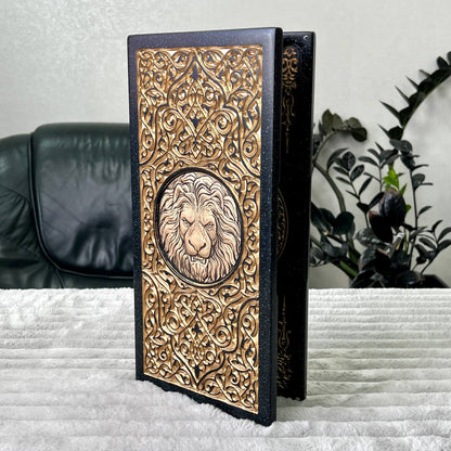 Luxury Black Acrylic Stone Backgammon "Golden Lion" Mini size 37*18,5cm, Travel size Gift-ready | Free worldwide delivery