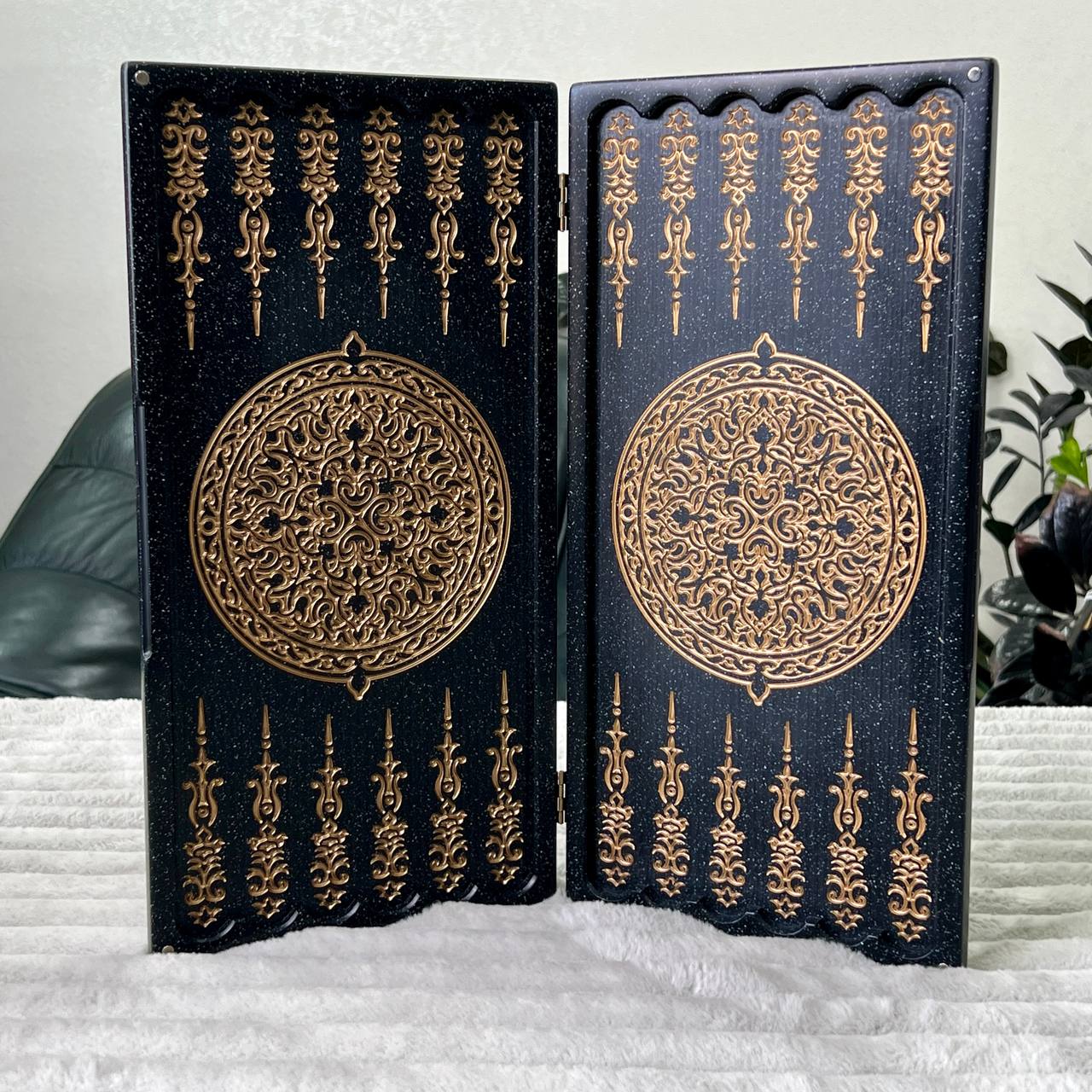 Luxury Black Acrylic Stone Backgammon "Golden Lion" Mini size 37*18,5cm, Travel size Gift-ready | Free worldwide delivery