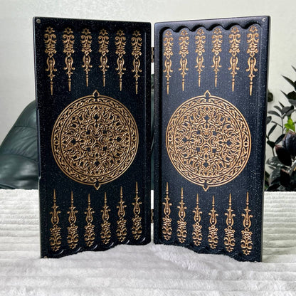 Luxury Black Acrylic Stone Backgammon "Golden Lion" Mini size 37*18,5cm, Travel size Gift-ready | Free worldwide delivery
