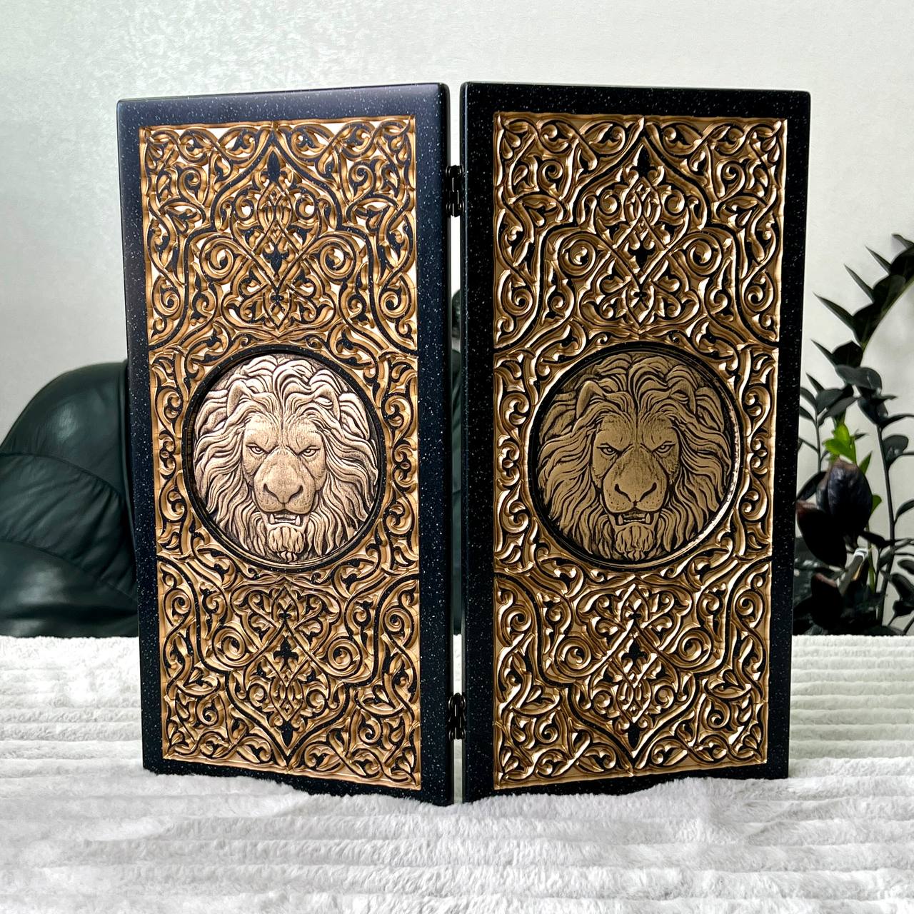 Luxury Black Acrylic Stone Backgammon "Golden Lion" Mini size 37*18,5cm, Travel size Gift-ready | Free worldwide delivery