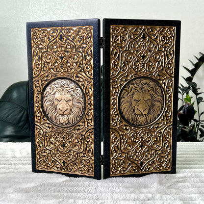Luxury Black Acrylic Stone Backgammon "Golden Lion" Mini size 37*18,5cm, Travel size Gift-ready | Free worldwide delivery
