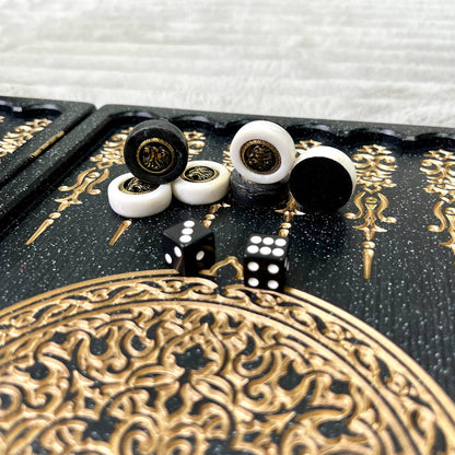 Luxury Black Acrylic Stone Backgammon "Golden Lion" Mini size 37*18,5cm, Travel size Gift-ready | Free worldwide delivery